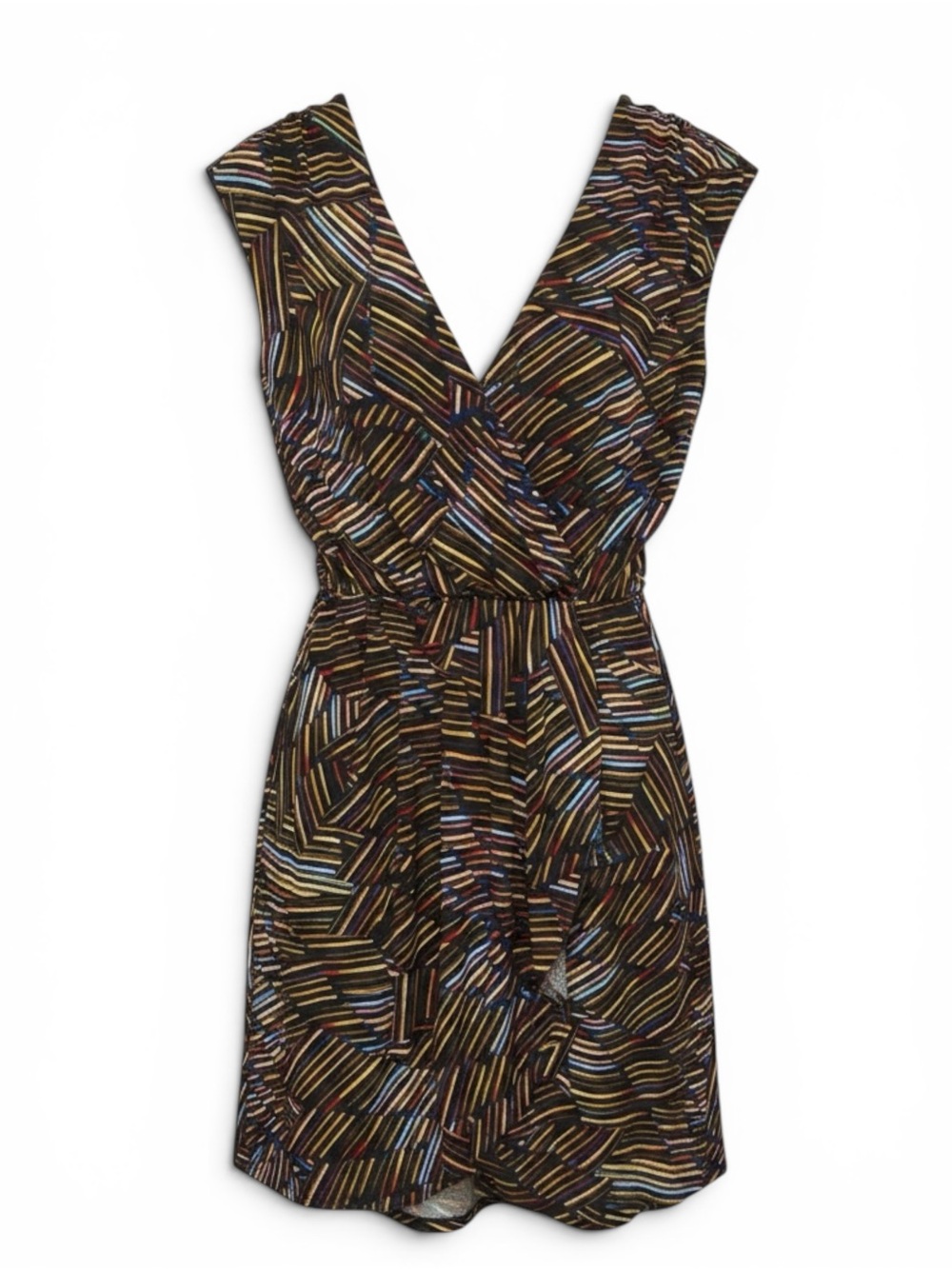 City Triangles Sleeveless V-Neck Abstract Stripe Wrap Mini Dress